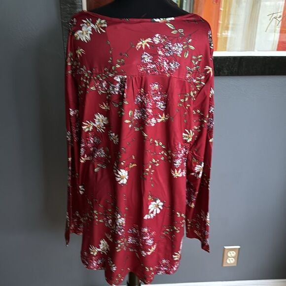 Visililly burgundy floral print pullover stretch gathered bodice/yoke top 3XL - Picture 4 of 6